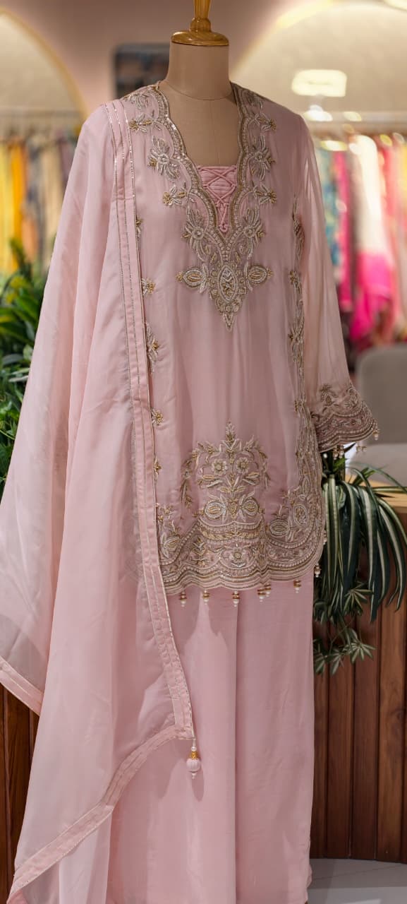 Luxury Designer Embroidered Pakistani Style Kurta Palazzo Set with Dupatta-14887