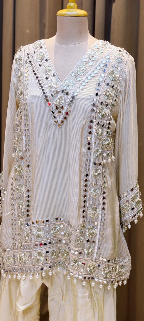 Designer Heavy Mirror Work Embroidered Kurta with Farshi Bottom Dupatta-14879