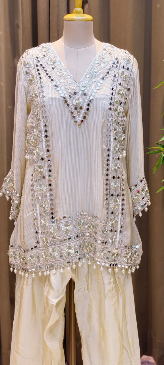 Designer Heavy Mirror Work Embroidered Kurta with Farshi Bottom Dupatta-14879