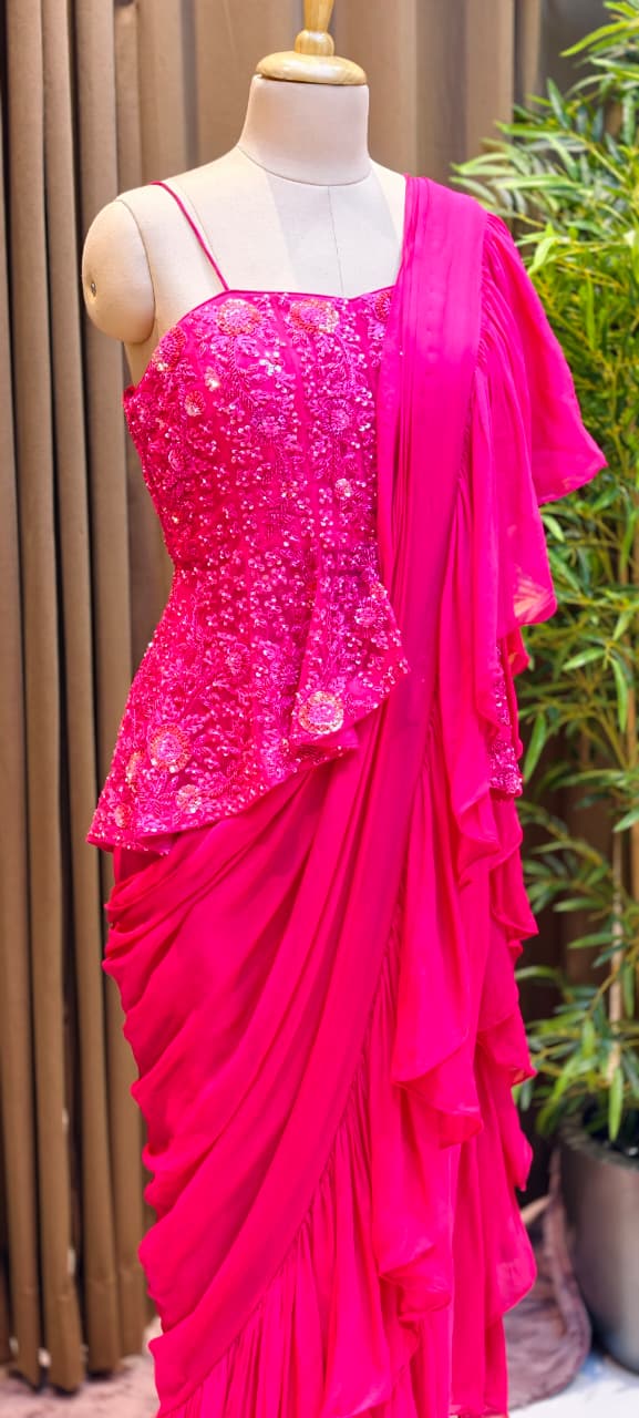 Fuchsia Royale Couture Draped Saree Gown with Heavy Sequin Embellished Corset Blouse-Dispatching after 30 days