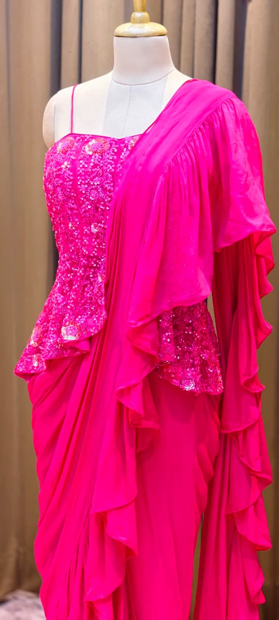 Fuchsia Royale Couture Draped Saree Gown with Heavy Sequin Embellished Corset Blouse-Dispatching after 30 days