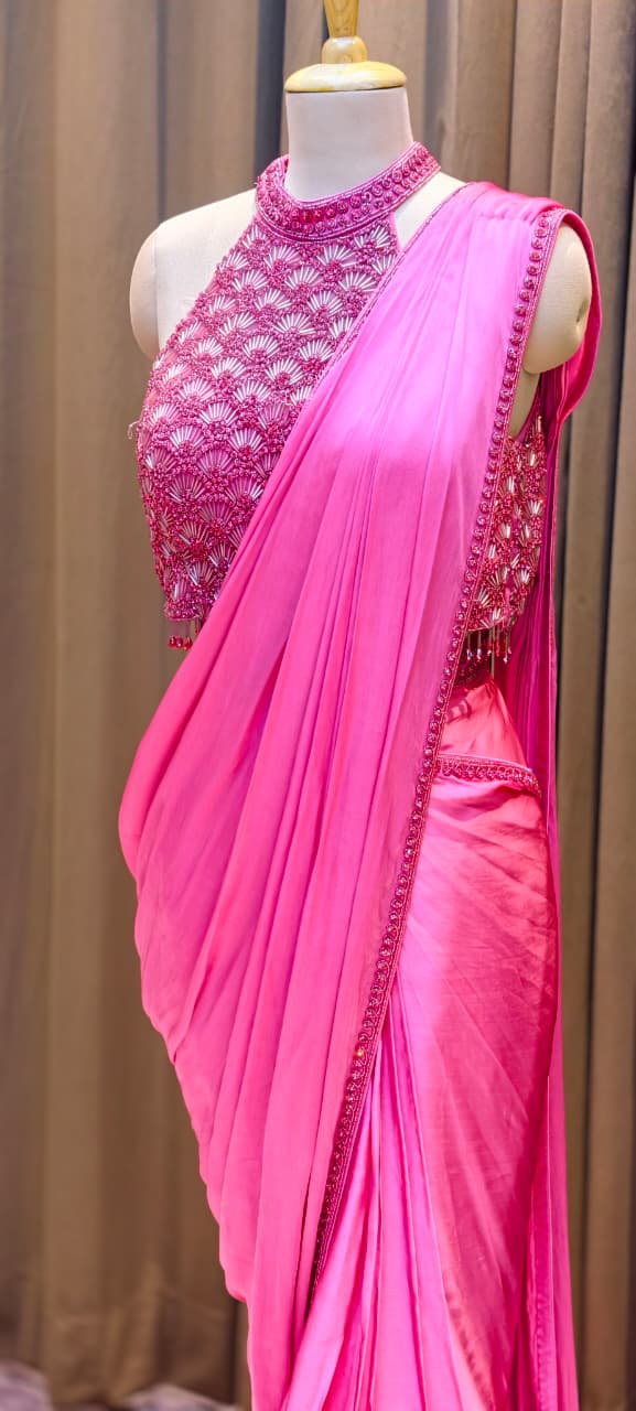 Luxury Rosé Glam Satin Drape Saree with Heavy Mirror Work Designer Blouse-14871 Dispatching after 30 Days