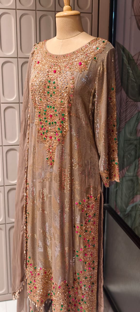 Premium Sequin, Stone & Handwork Embellished Designer Party Wear Full set-14841