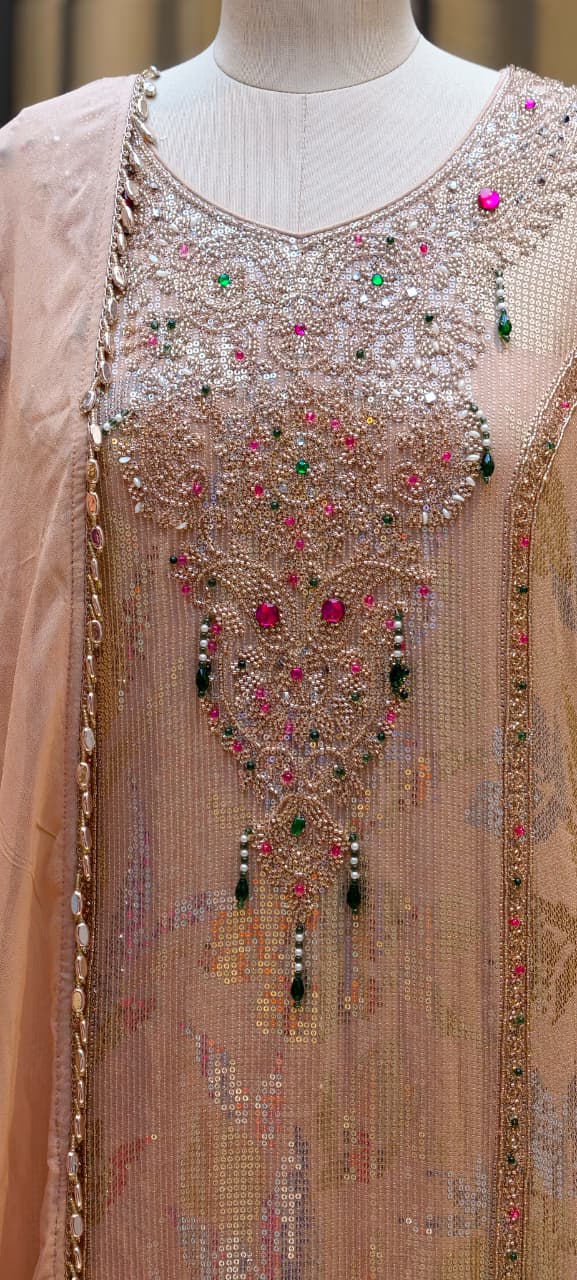 Noor-E-Zareen Premium Heavy Hand Embroidered Sequin & Stone Work Kurta Palazzo Set with Dupatta-14475