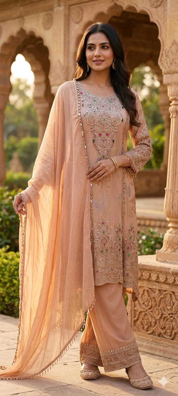 Noor-E-Zareen Premium Heavy Hand Embroidered Sequin & Stone Work Kurta Palazzo Set with Dupatta-14475