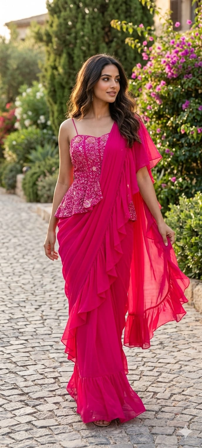 Fuchsia Royale Couture Draped Saree Gown with Heavy Sequin Embellished Corset Blouse-Dispatching after 30 days