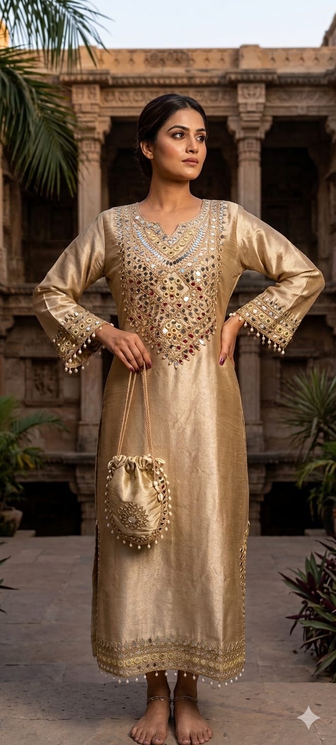 Premium Mirror Work Designer Straight Kurta with Potli Bag-14885