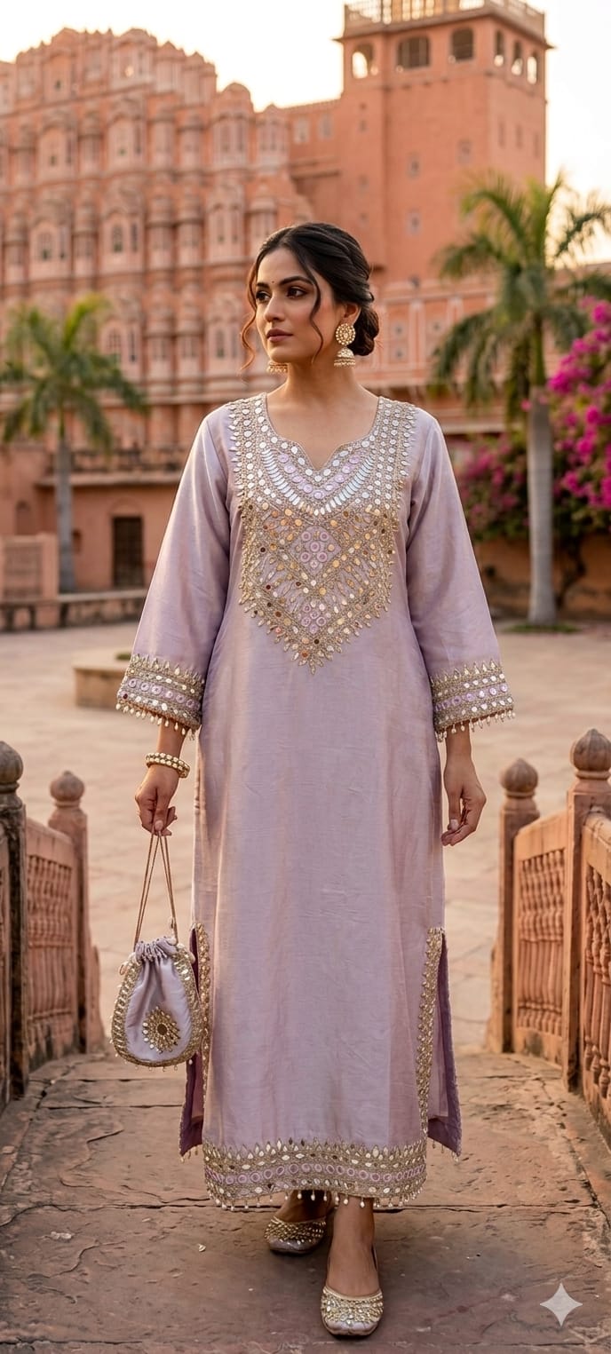 Premium Mirror Work Designer Straight Kurta with Potli Bag-14885