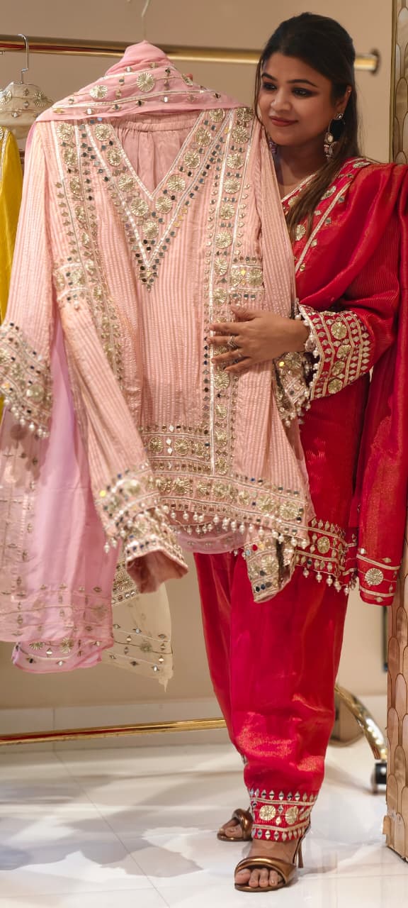 Designer Heavy Mirror Work Embroidered Kurta with Farshi Bottom Dupatta-14879