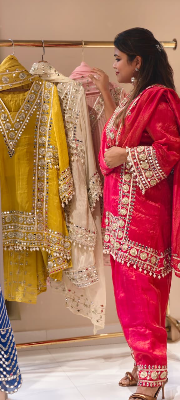Designer Heavy Mirror Work Embroidered Kurta with Farshi Bottom Dupatta-14879