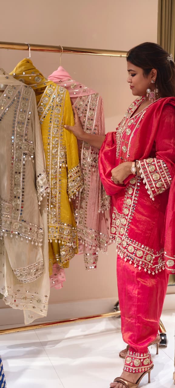 Designer Heavy Mirror Work Embroidered Kurta with Farshi Bottom Dupatta-14879