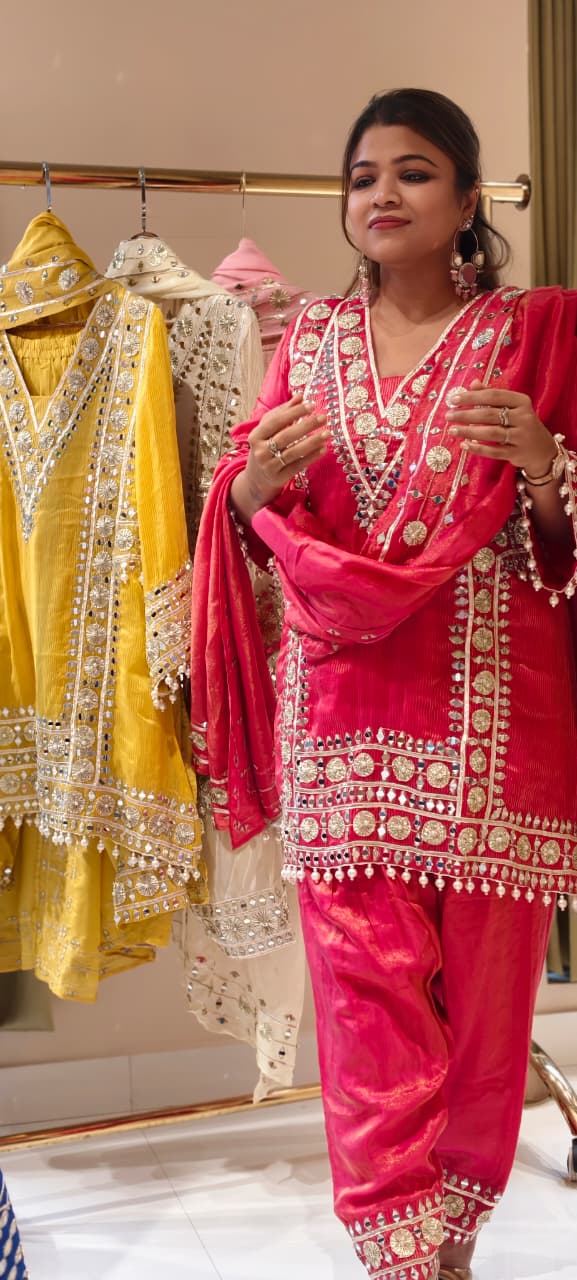 Designer Heavy Mirror Work Embroidered Kurta with Farshi Bottom Dupatta-14879