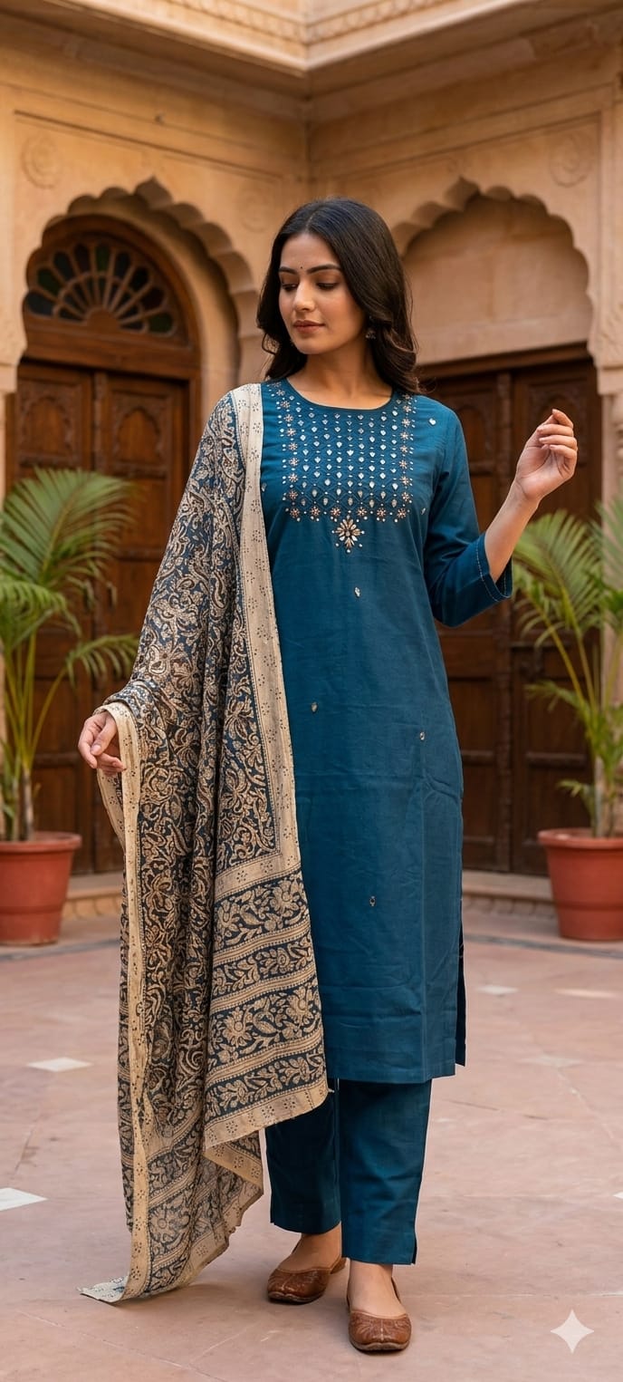 Mirror work Cotton Solid colour Kurta With Bottom With Kalamkari Dupatta 13941