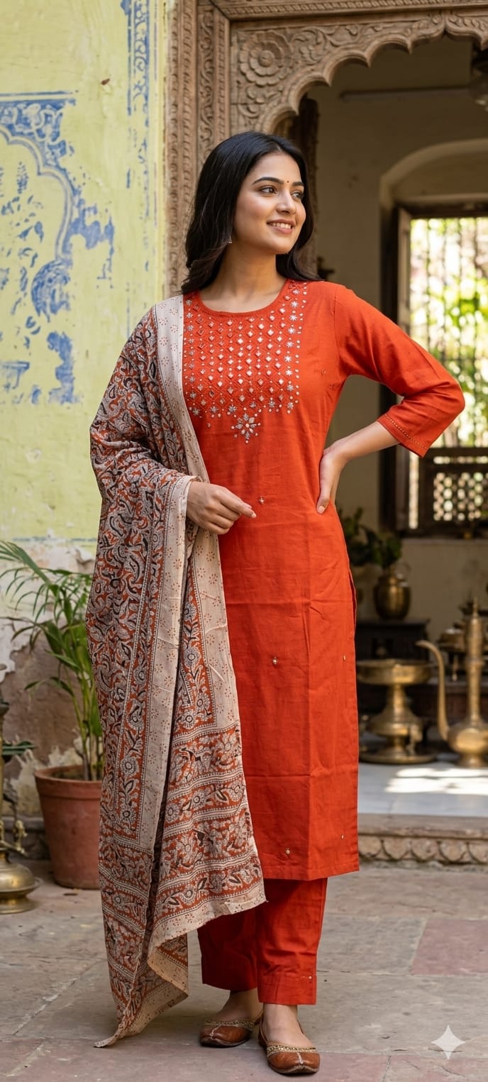 Mirror work Cotton Solid colour Kurta With Bottom With Kalamkari Dupatta 13941