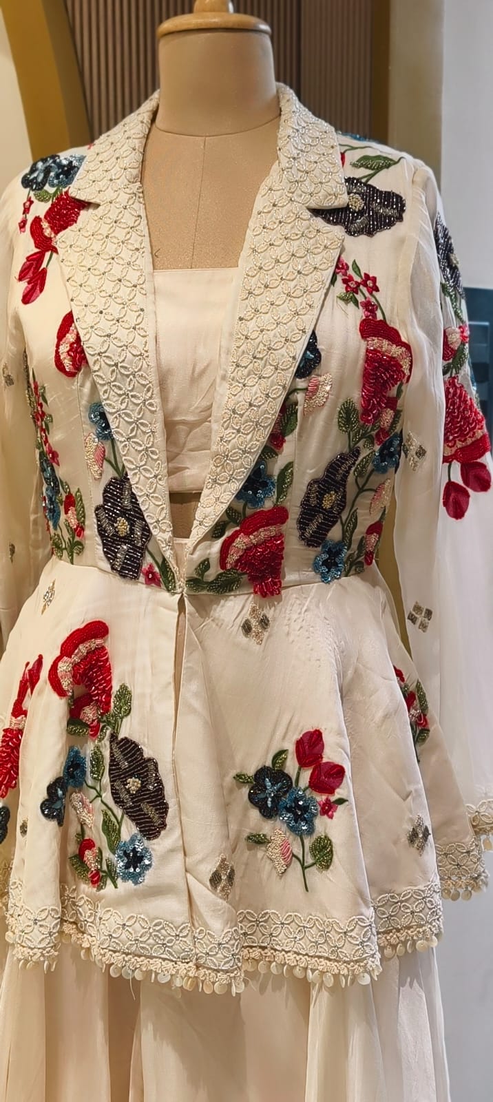 Elegant 3-piece partywear beautifully embellished peplum-style jacket, inner top, and flowy draped palazzo pants-14327