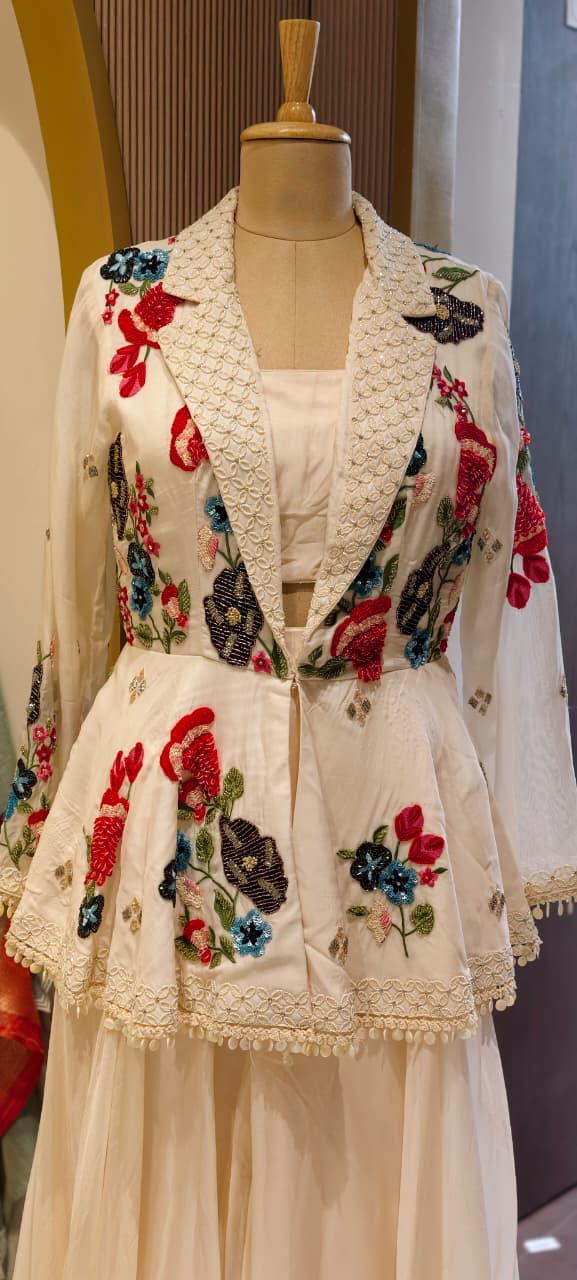 Elegant 3-piece partywear beautifully embellished peplum-style jacket, inner top, and flowy draped palazzo pants-14327