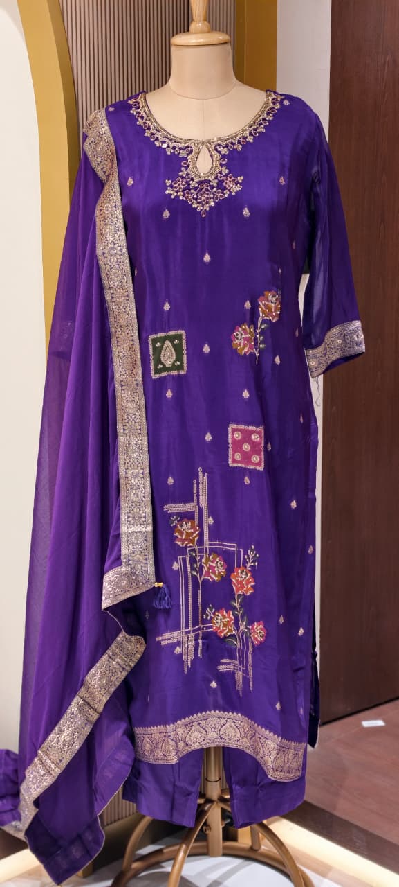 Detailed Floral Yoke Embroidery Lavender Purple Geometric Print Russian Silk Full Suit Set