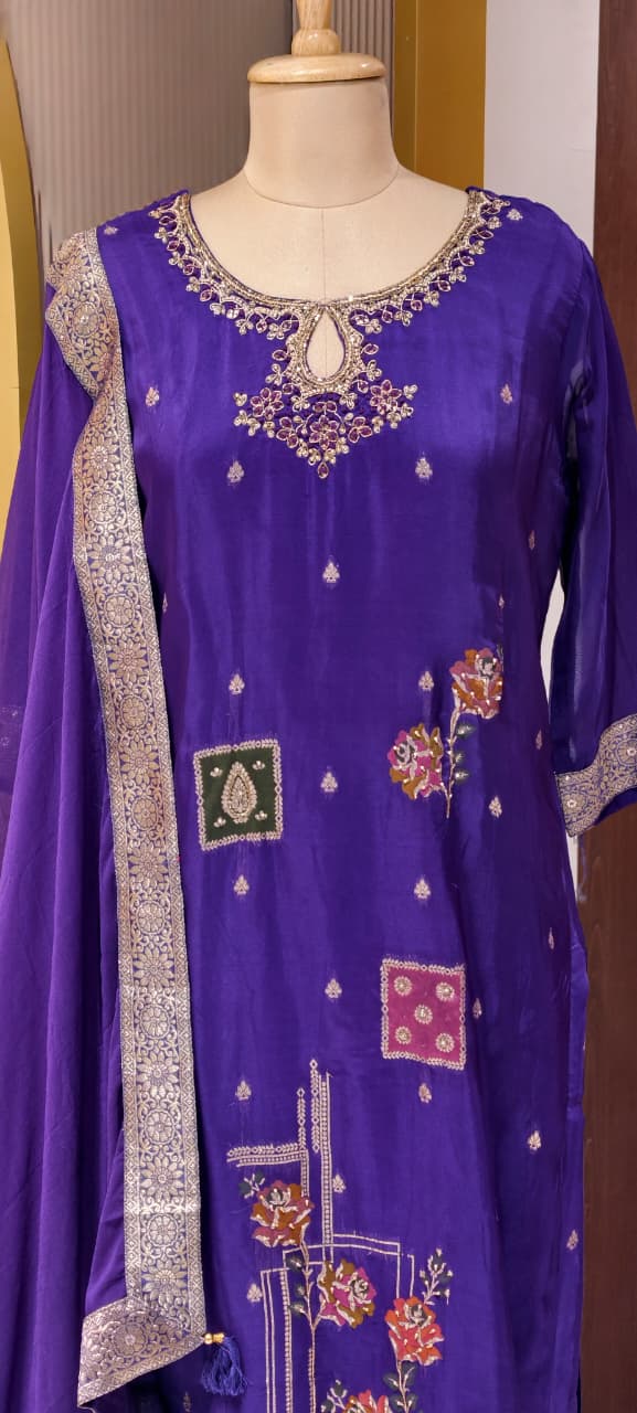 Detailed Floral Yoke Embroidery Lavender Purple Geometric Print Russian Silk Full Suit Set