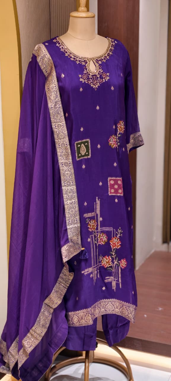 Detailed Floral Yoke Embroidery Lavender Purple Geometric Print Russian Silk Full Suit Set