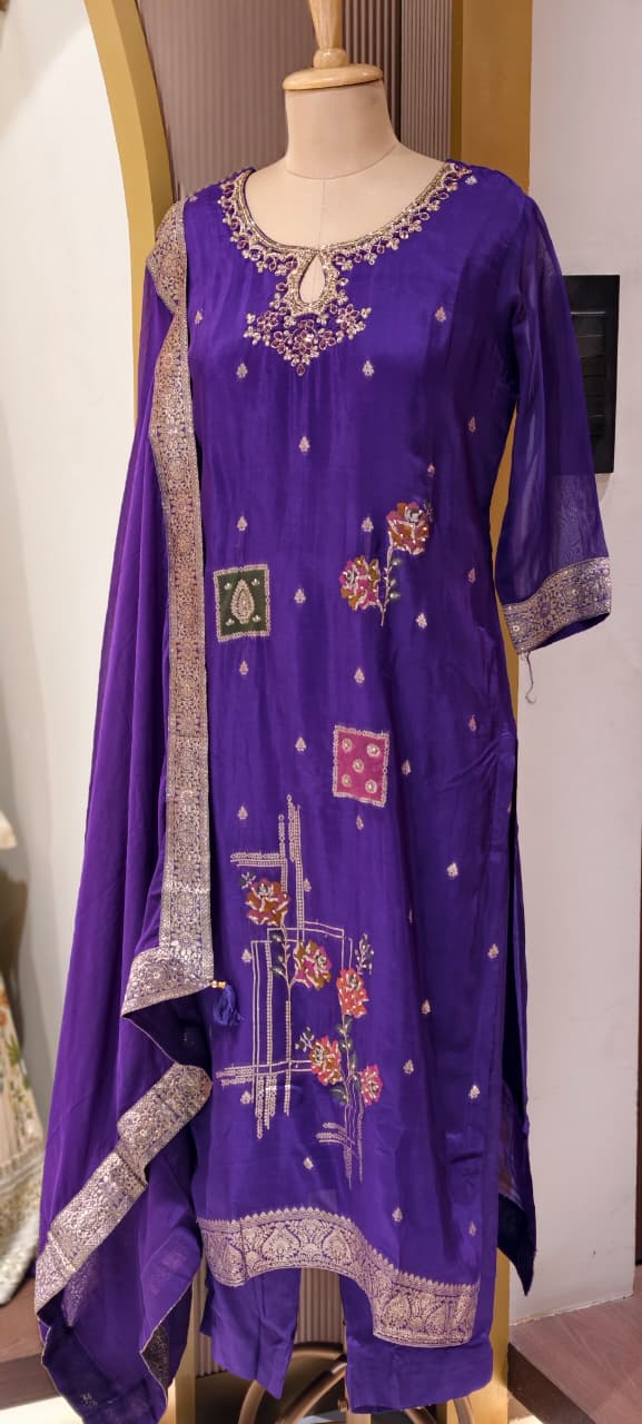 Detailed Floral Yoke Embroidery Lavender Purple Geometric Print Russian Silk Full Suit Set