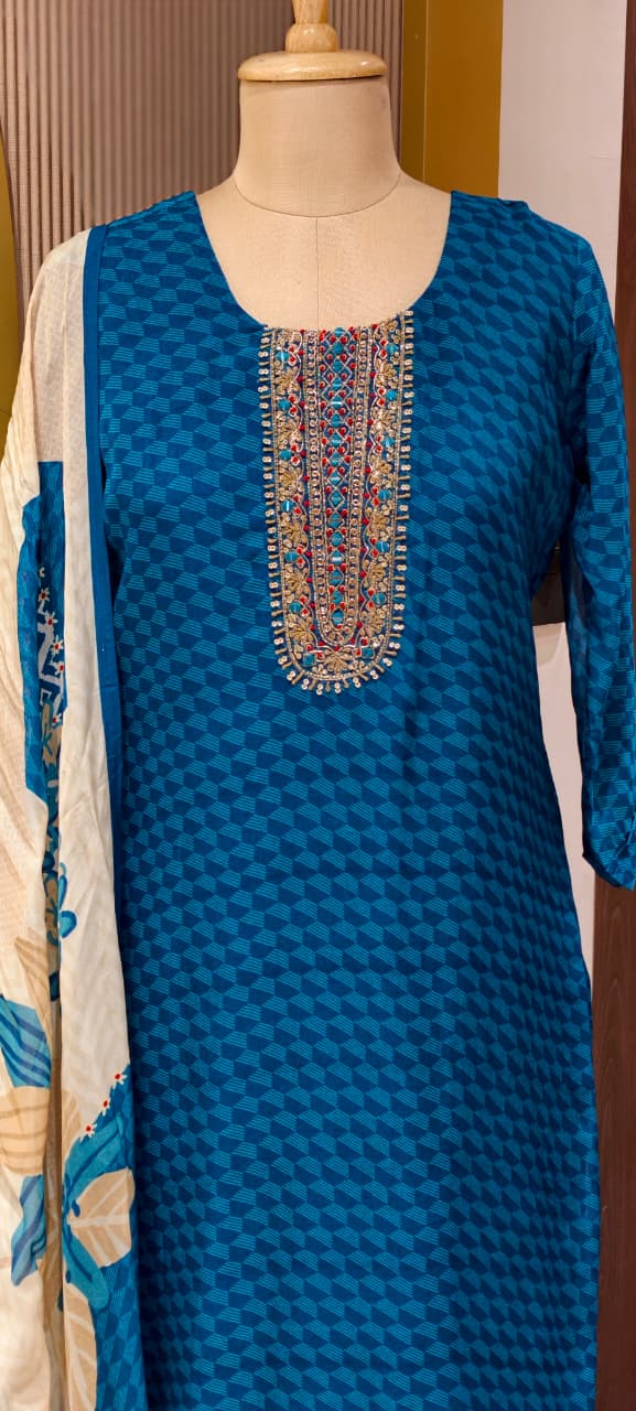 Traditional Embroidered Yoke Royal Blue Micro-Geometric Print Full Suit Set with Dupatta