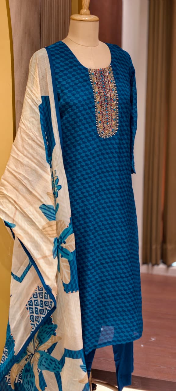 Traditional Embroidered Yoke Royal Blue Micro-Geometric Print Full Suit Set with Dupatta
