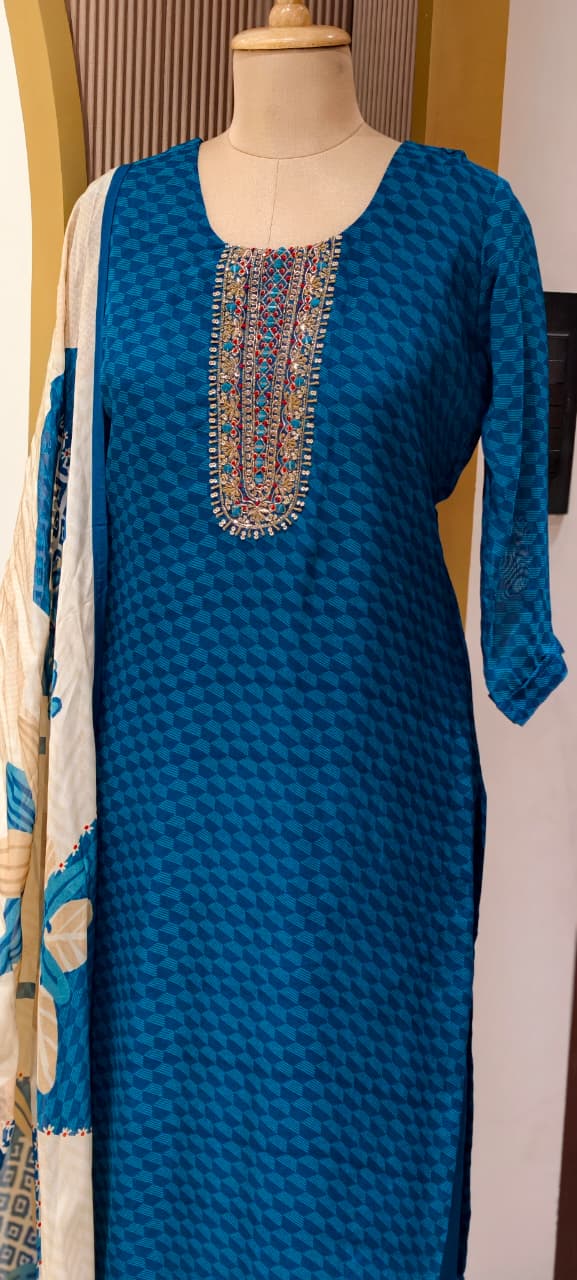 Traditional Embroidered Yoke Royal Blue Micro-Geometric Print Full Suit Set with Dupatta