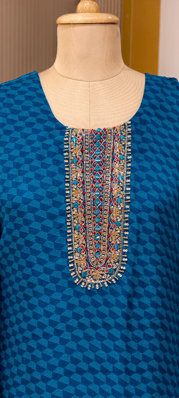 Traditional Embroidered Yoke Royal Blue Micro-Geometric Print Full Suit Set with Dupatta