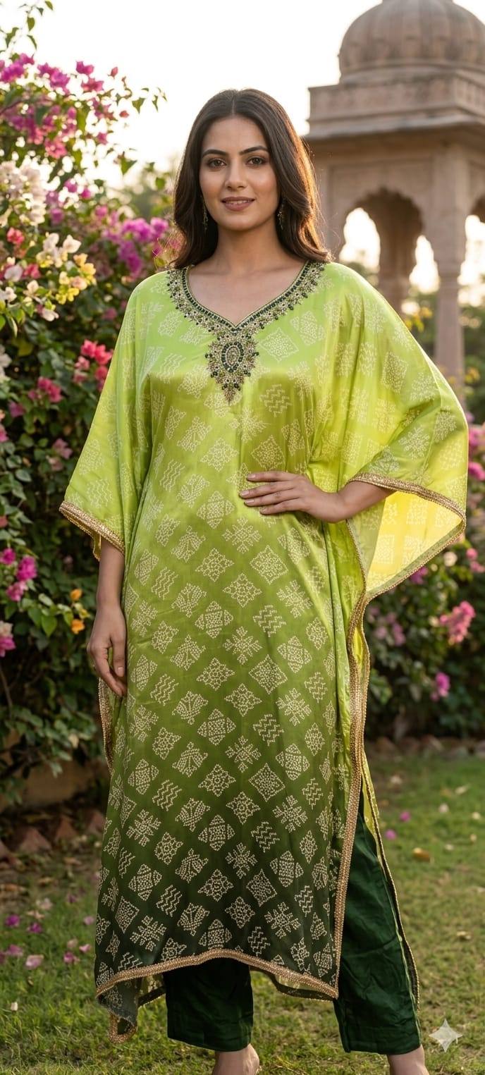 Dual Green Punch Mirror With Embroidery Neckline Printed Kaftan With Bottom In Crepe Fabric