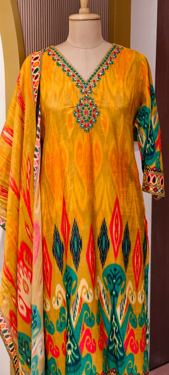 Intricate Zardosi & Stone Work Radiant Vibrant Ikat Print Russian Silk Full Suit Set with Dupatta