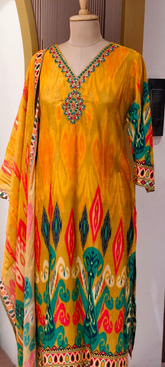 Intricate Zardosi & Stone Work Radiant Vibrant Ikat Print Russian Silk Full Suit Set with Dupatta