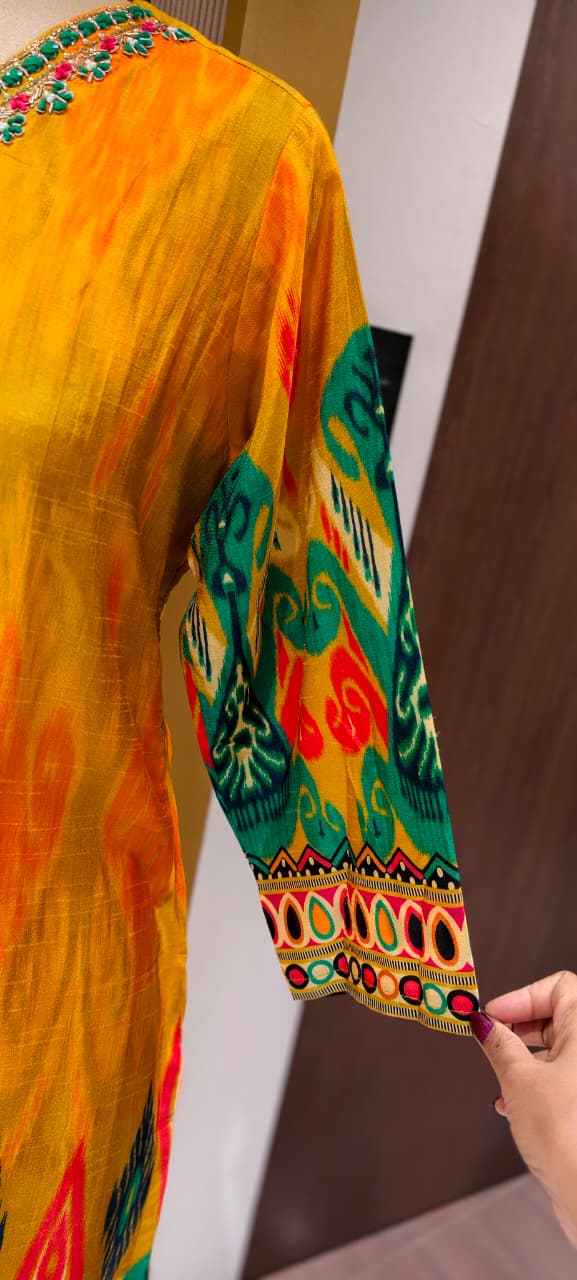 Intricate Zardosi & Stone Work Radiant Vibrant Ikat Print Russian Silk Full Suit Set with Dupatta
