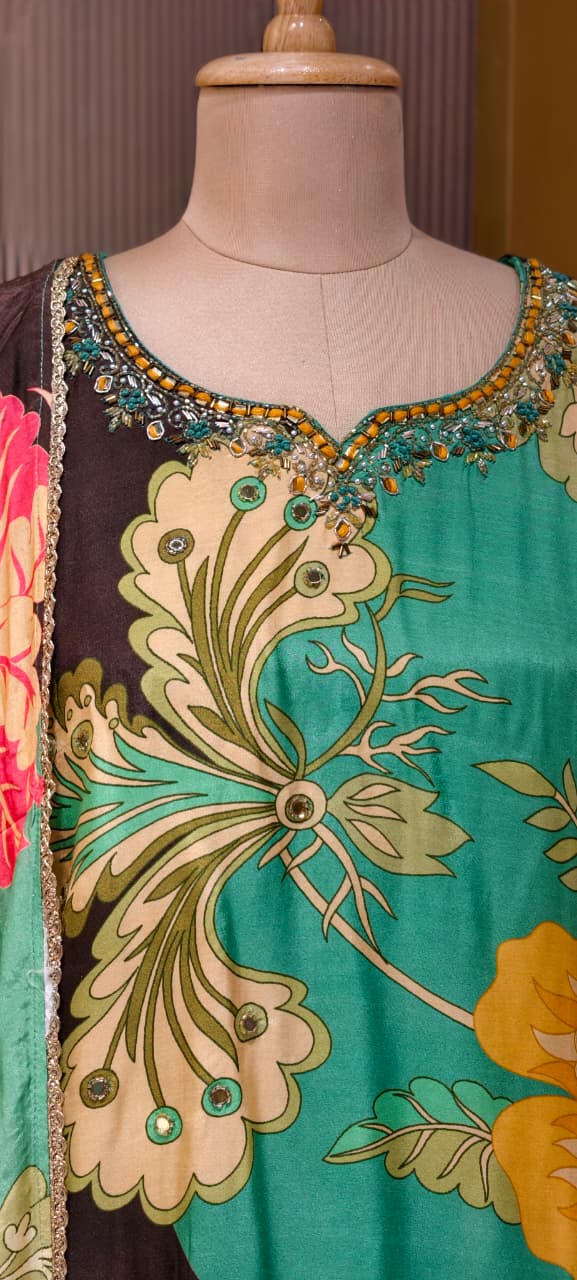 Green & Charcoal Dual-Tone Floral Abstract Print Kurta Set with Hand-Embellished Border
