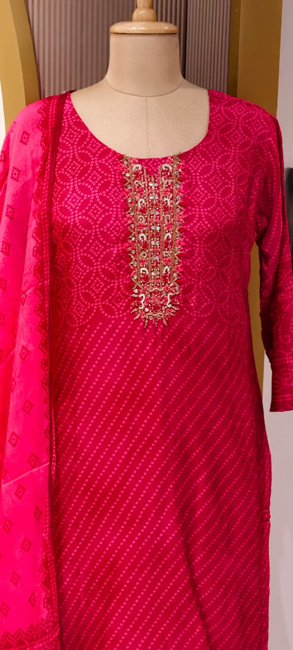 Bandhej Vneck Motifs Intricate Zari Accent Yoke Russian Silk Full Suit Set Wth Dupatta-