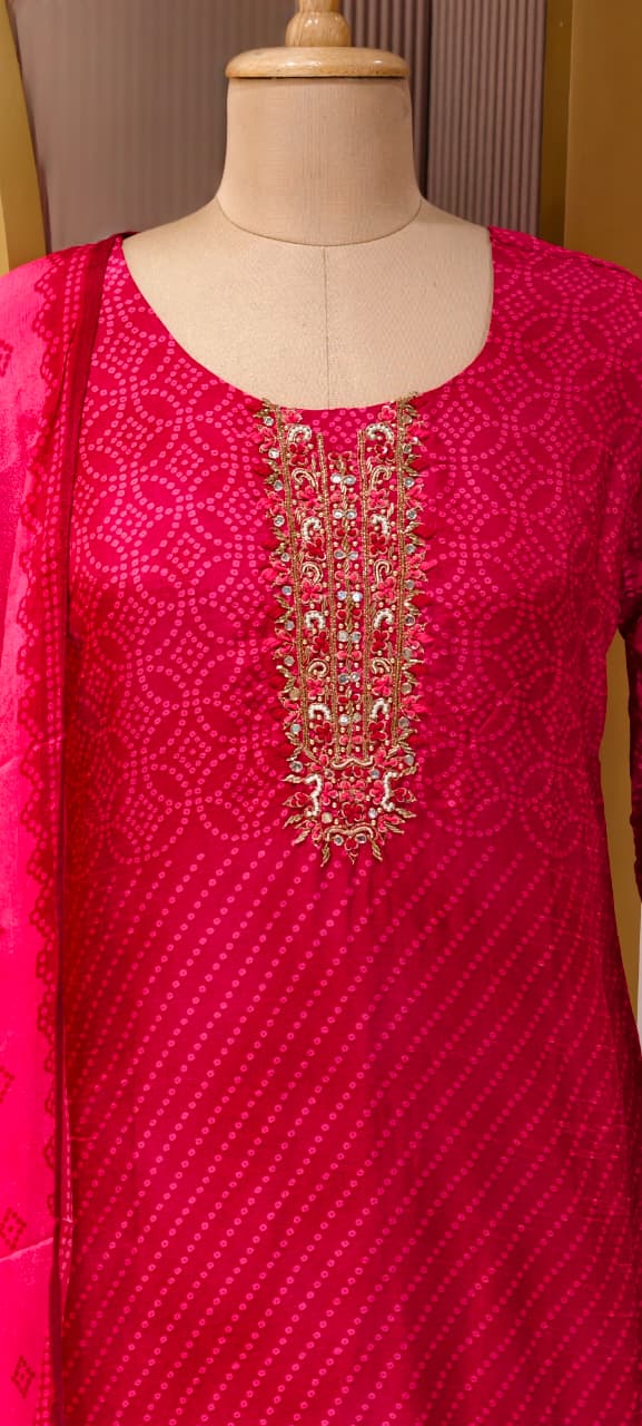 Bandhej Vneck Motifs Intricate Zari Accent Yoke Russian Silk Full Suit Set Wth Dupatta-