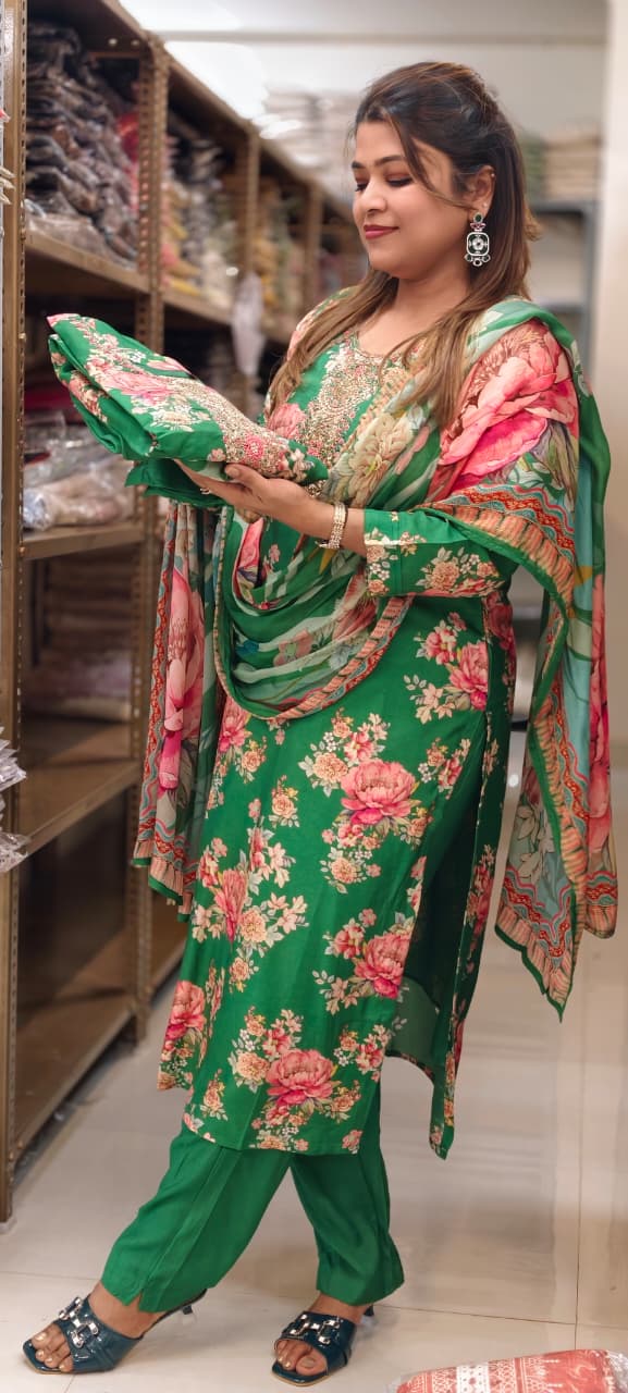 Zardosi Neckline Emerald Garden Floral Print Full Suit Set with Dupatta In Russian Silk Fabric-LEAN FIT(ADVISIBLE NEXT SIZE)