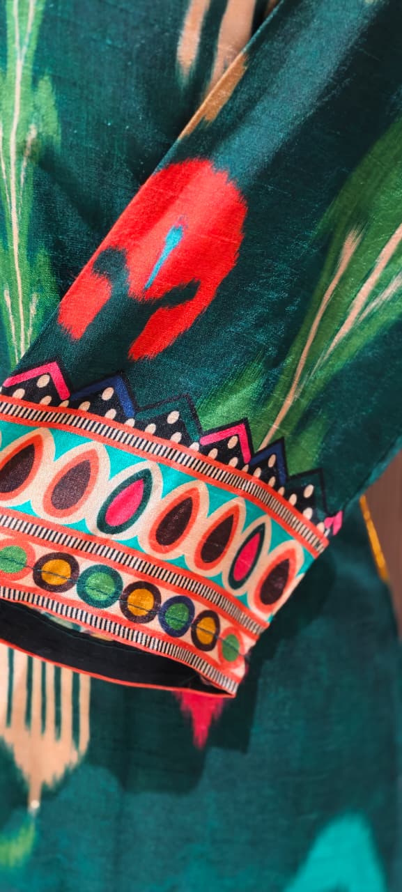 Ornate Crystal & Bead Work Midnight Emerald Royal Ikat Print Full Suit Set with Dupatta