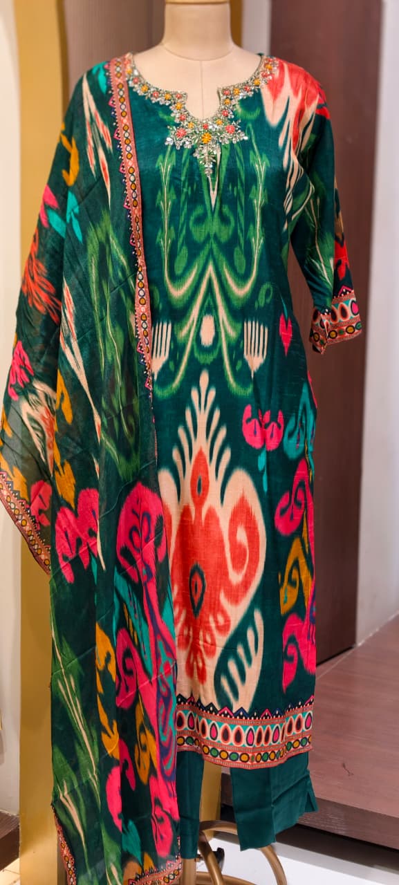 Ornate Crystal & Bead Work Midnight Emerald Royal Ikat Print Full Suit Set with Dupatta
