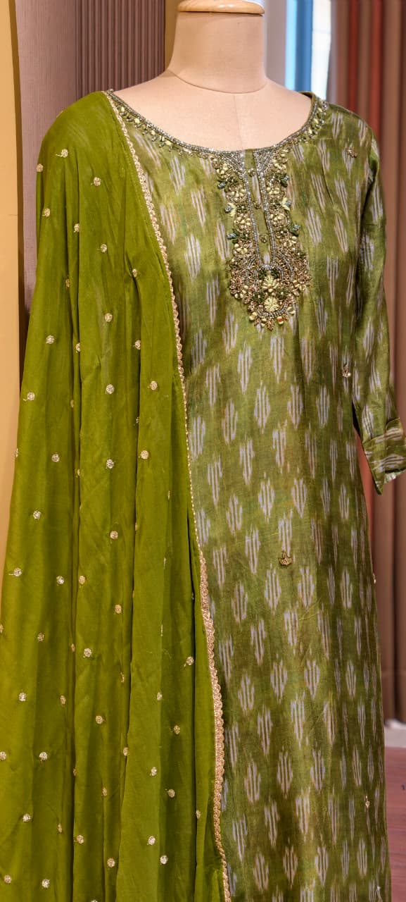 Moss Green Textured Ikat Pattern Full Suit Set with Zardosi Embroidered Neck