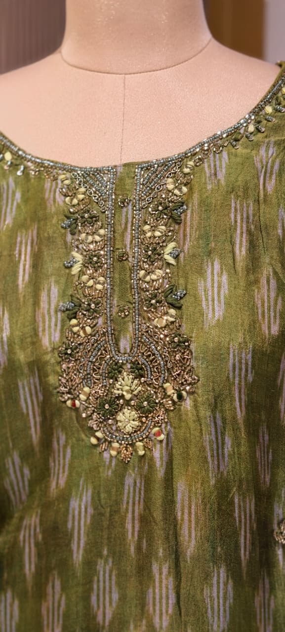 Moss Green Textured Ikat Pattern Full Suit Set with Zardosi Embroidered Neck