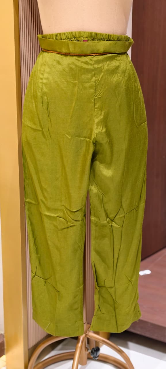 Moss Green Textured Ikat Pattern Full Suit Set with Zardosi Embroidered Neck