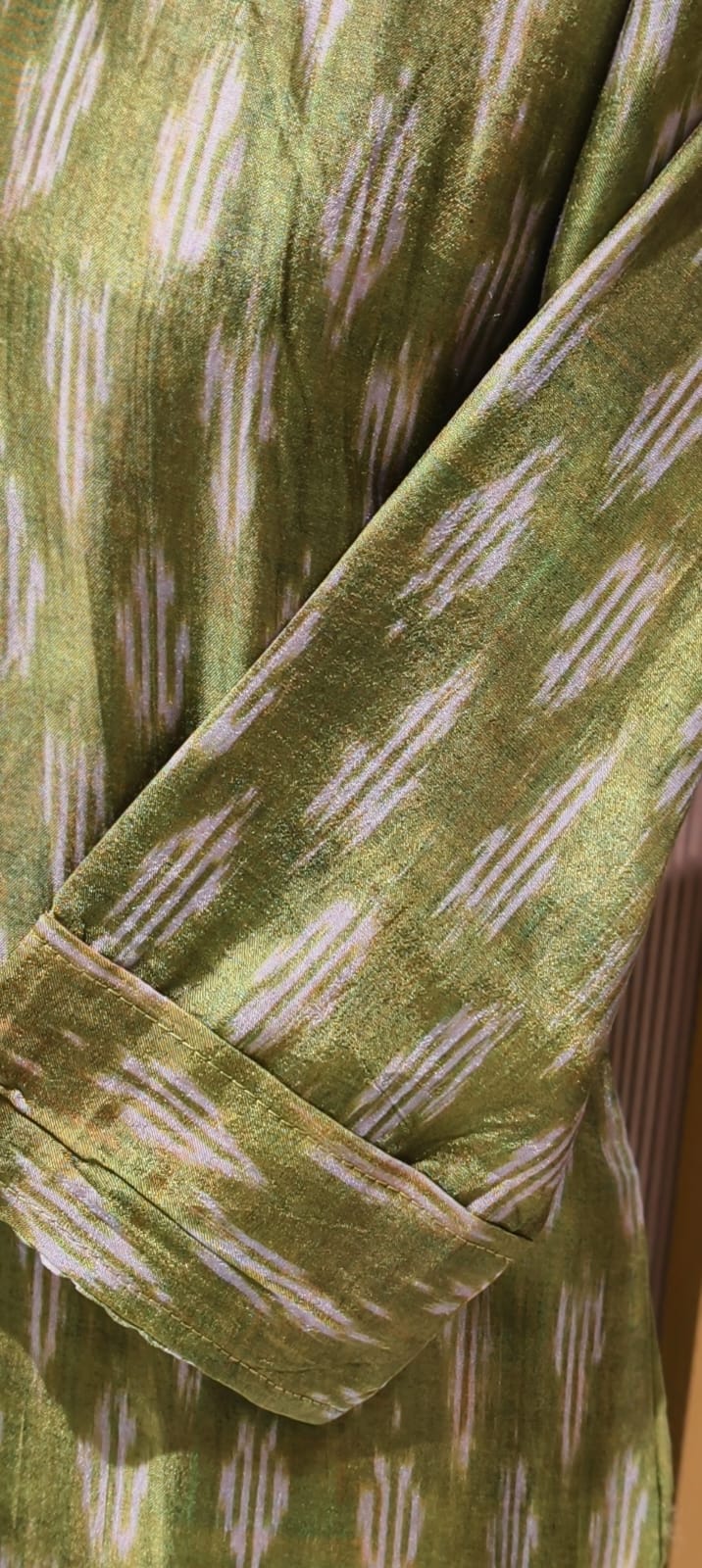 Moss Green Textured Ikat Pattern Full Suit Set with Zardosi Embroidered Neck