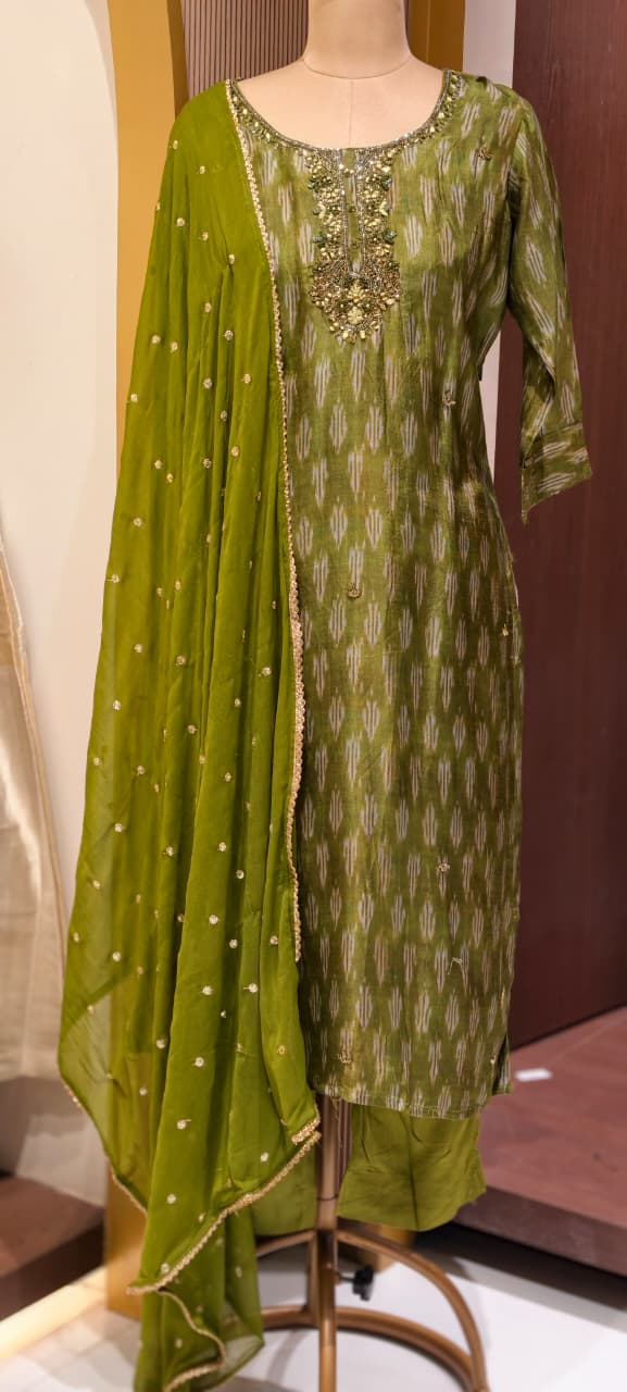 Moss Green Textured Ikat Pattern Full Suit Set with Zardosi Embroidered Neck