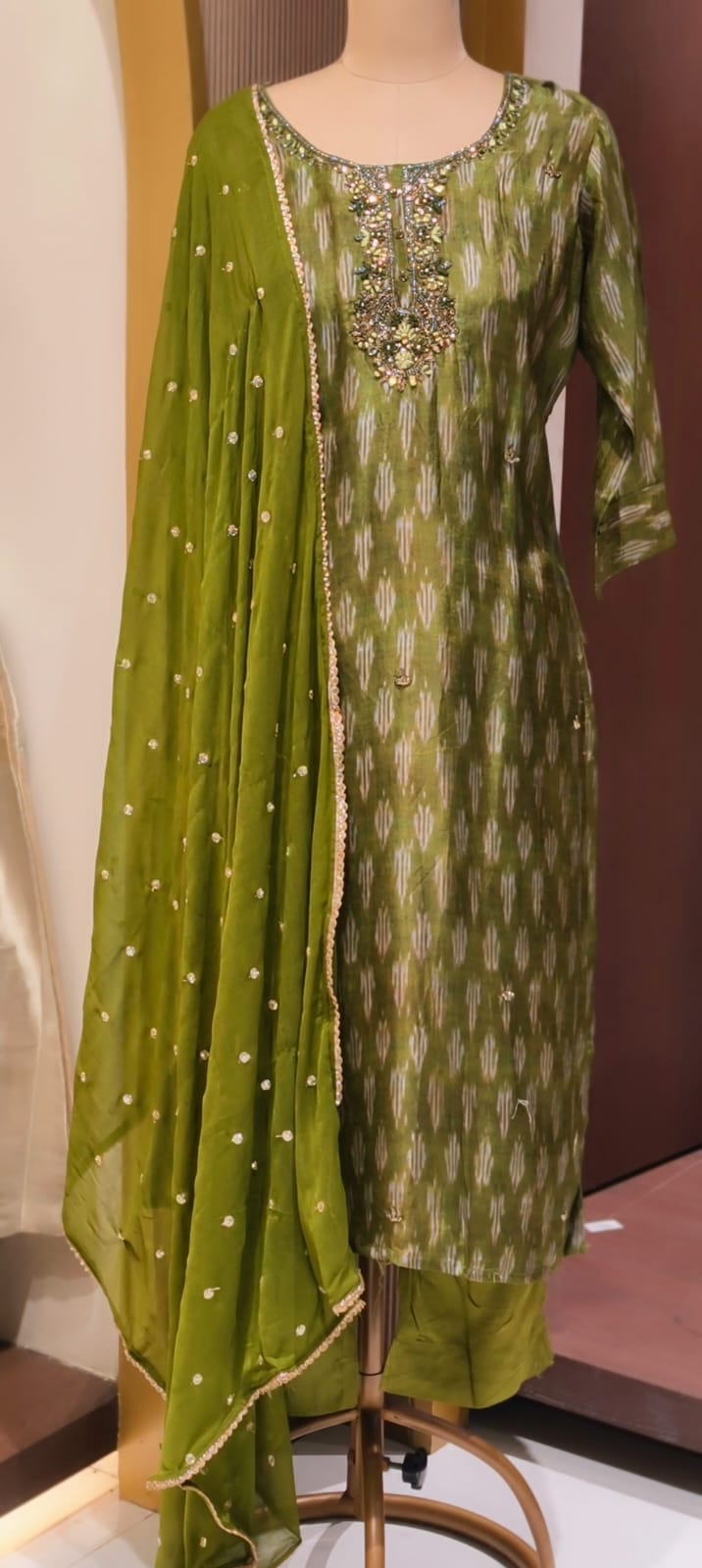 Moss Green Textured Ikat Pattern Full Suit Set with Zardosi Embroidered Neck