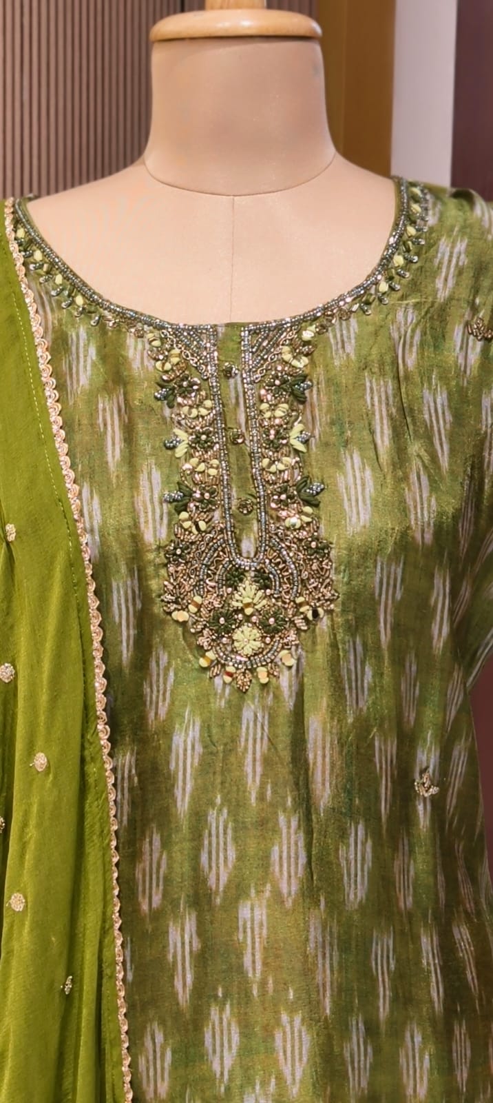 Moss Green Textured Ikat Pattern Full Suit Set with Zardosi Embroidered Neck