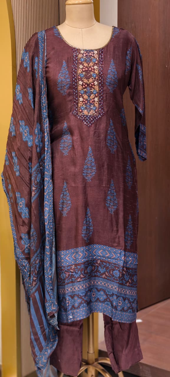 Chocolate Brown Paisley Motif Russian Silk Full Suit Set With Dupatta Heavily Embroidered