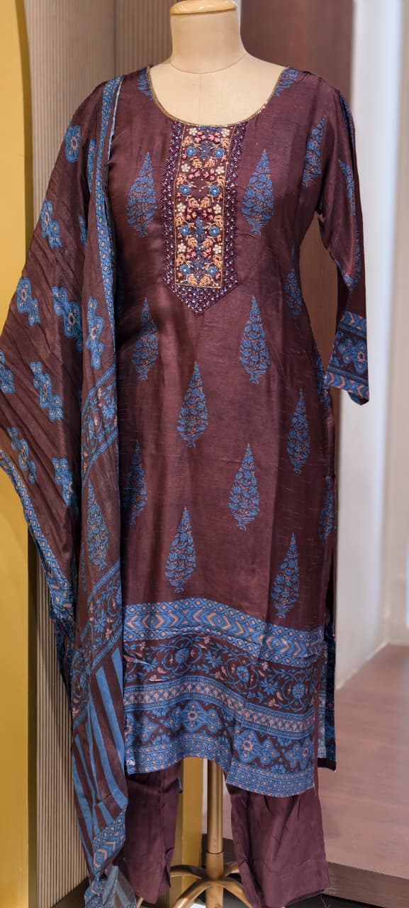 Chocolate Brown Paisley Motif Russian Silk Full Suit Set With Dupatta Heavily Embroidered