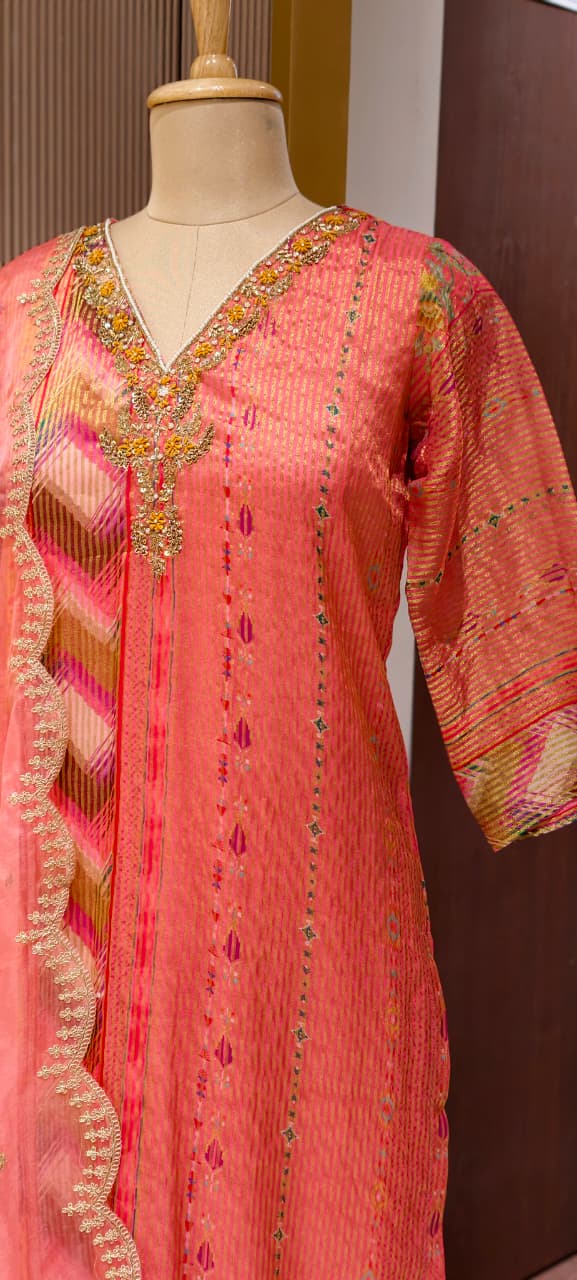 Tissue Elegance Golden Classic Striped Full Suit Set With Dupatta & Embellished Neckline