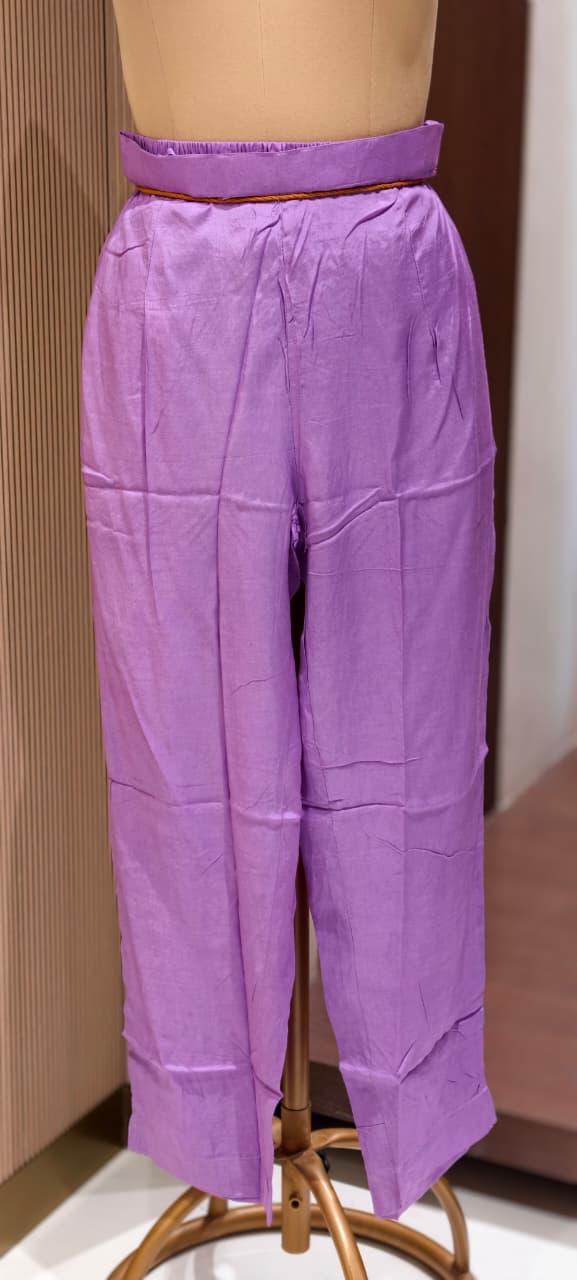 Detailed Floral Yoke Embroidery Lavender Purple Geometric Print Russian Silk Full Suit Set SLIGHTLY LEAN FIT
