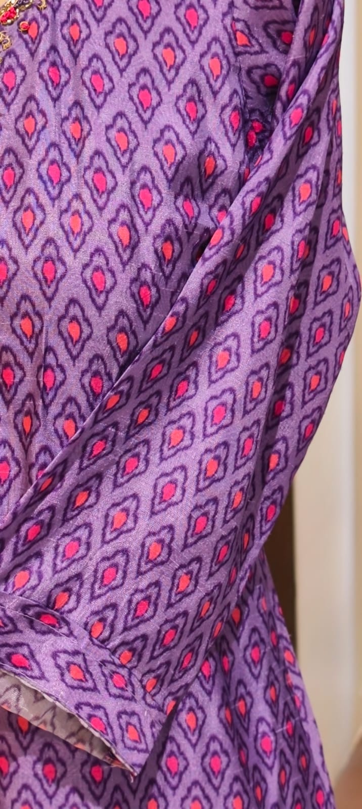 Detailed Floral Yoke Embroidery Lavender Purple Geometric Print Russian Silk Full Suit Set SLIGHTLY LEAN FIT